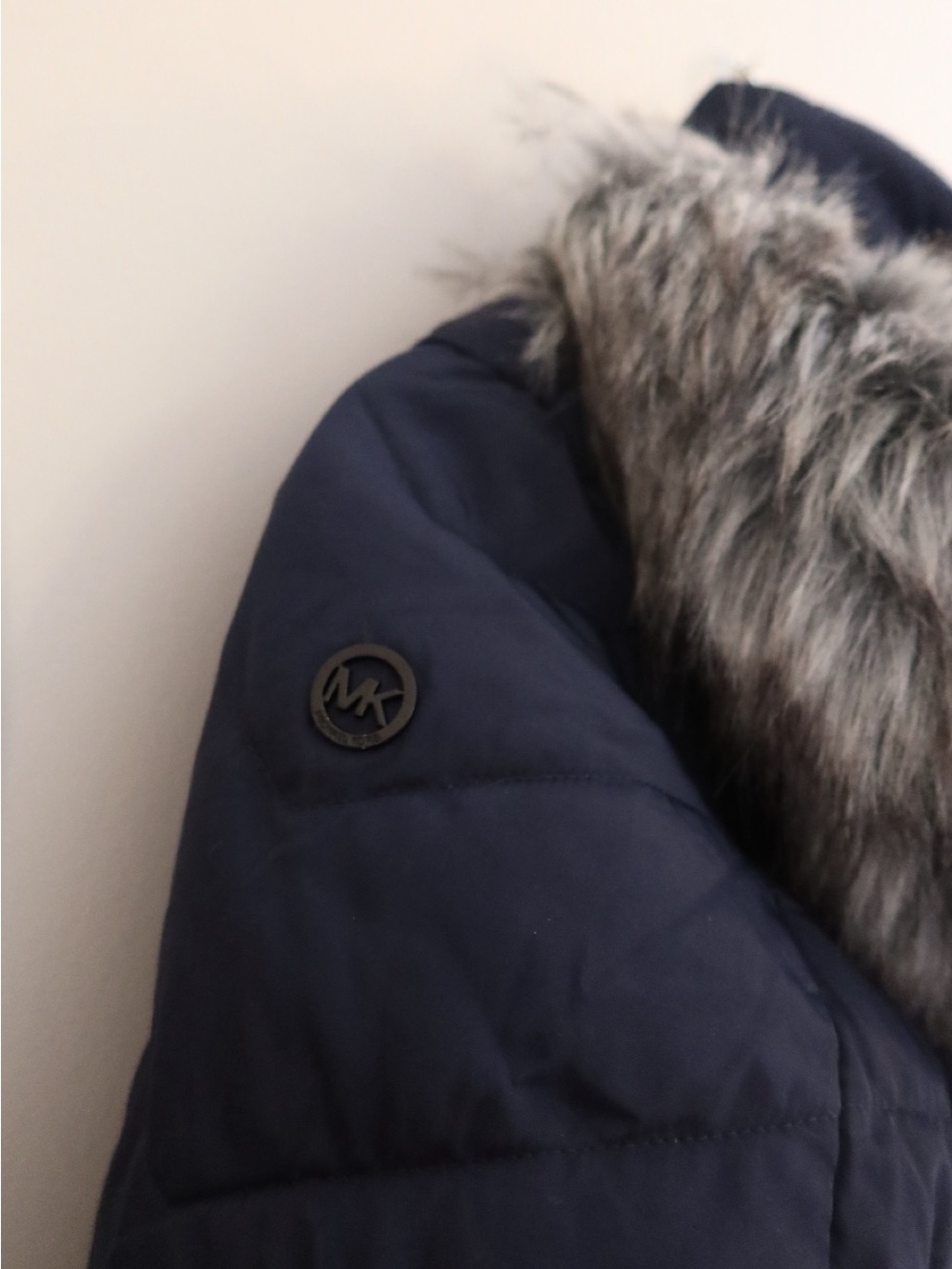 Michael Kors Navy Puffer Jacket with Faux Fur Hood Trim